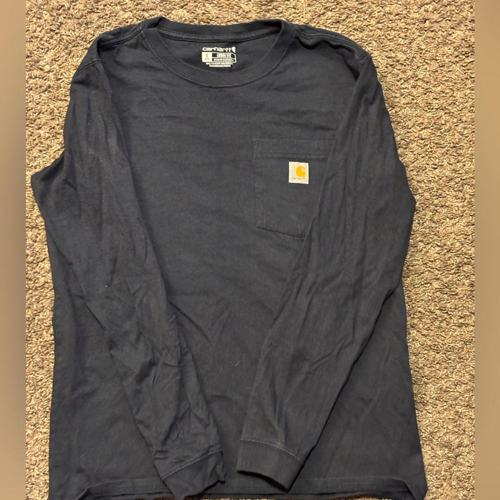 Carhartt Navy Blue Tee with Vibrant Orange Patch